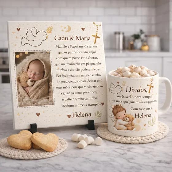 Kit Convite Dindos e Dindas Personalizado Azulejo + Caneca Porcelana + Suporte  Presente | Padrinhos