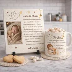 Kit Convite Dindos e Dindas Personalizado Azulejo + Caneca Porcelana + Suporte  Presente | Padrinhos
