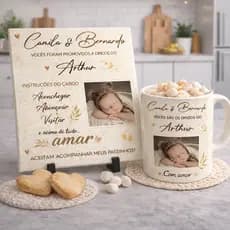 Kit Convite Personalizado Azulejo + Caneca Porcelana 325ml + Suporte | Presente para Dindos e Dindas
