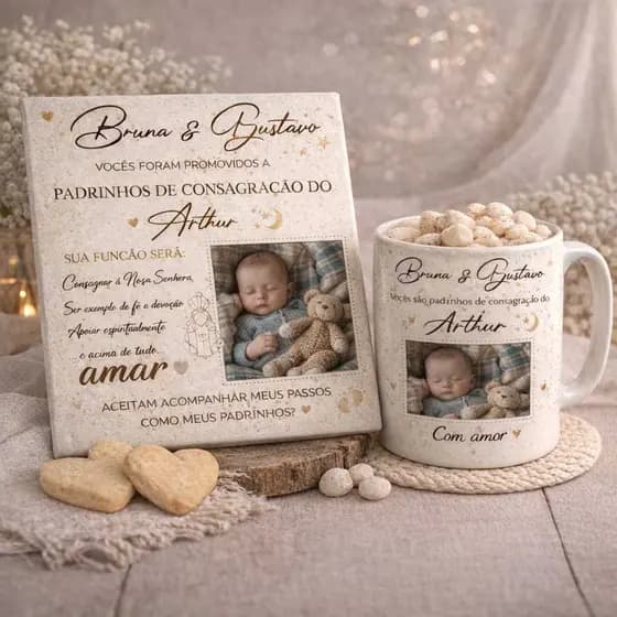 Kit Convite Dindos e Dinda Personalizado Azulejo Cerâmica + Caneca Porcelana + Suporte | Consagração