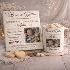 Kit Convite Dindos e Dinda Personalizado Azulejo Cerâmica + Caneca Porcelana + Suporte | Consagração