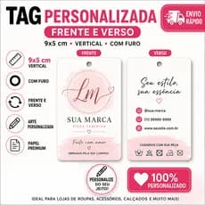 Tag Personalizados - 100 a 500 pçs - Formato 9x5cm, impressão frente ou frente e verso - Couchê 300gr + Furo 3mm