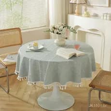 Toalha de mesa redonda de tecido jacquard mais vendida, estilo mis, cor sólida em algodão-linho, bordado tridimensional