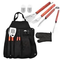 Avental com bolsa de lona, conjunto de ferramentas para churrasco com cabo de madeira, garfo, conjunto para uso externo,