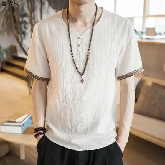Estilo chinês masculino abotoado asiático camiseta solta de manga curta Plus Size fino estilo chinês#中国风男装盘扣亚T恤宽松短袖大码体恤薄