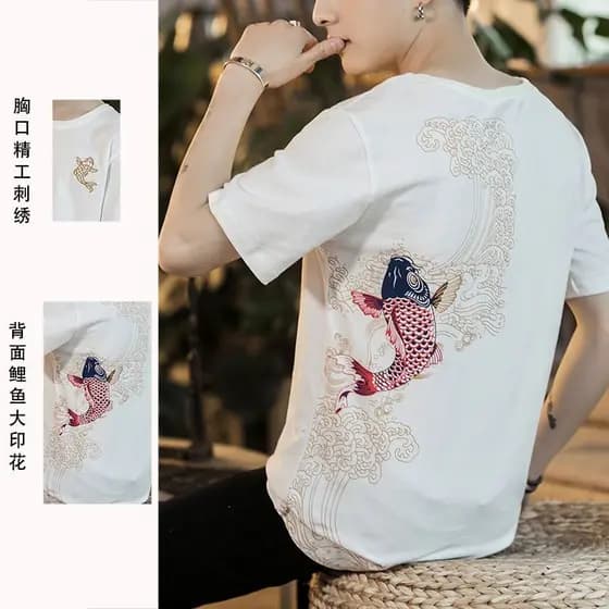 Camiseta masculina de manga curta bordada na moda nacional tamanho grande gordura estilo nacional camiseta Top#国潮刺绣短袖T恤男