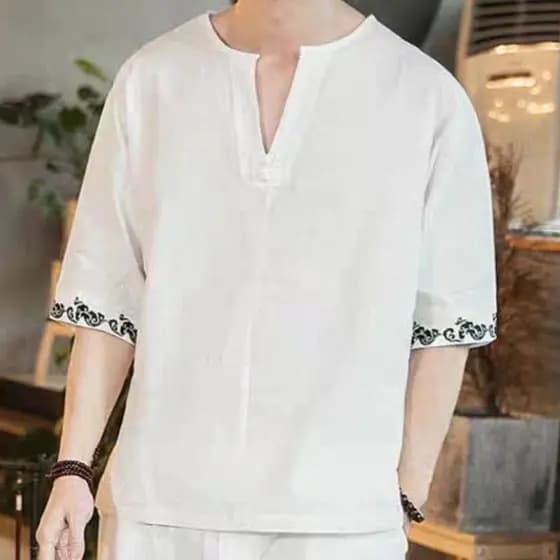 CD Camiseta de manga curta de algodão estilo chinês estilo étnico moderno estilo retrô Casual com decote em V#CD中国风棉短袖体恤
