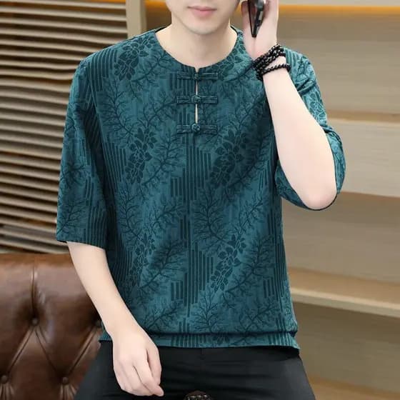 Estilo chinês camiseta masculina de manga curta High-End impresso abotoado algodão Tang terno camiseta meia manga#中国风t恤男