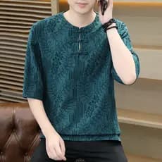 Estilo chinês camiseta masculina de manga curta High-End impresso abotoado algodão Tang terno camiseta meia manga#中国风t恤男