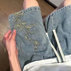 Shorts jeans bordados lavados masculinos estilo fino calças médias estilo americano rua All-Match solto transporte reto