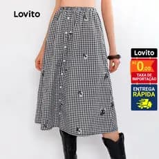 Lovito Saia Feminina Midi Xadrez com Botões e Bordado SKB534BRL564