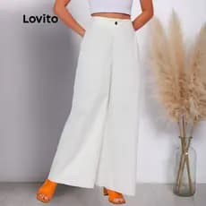 Lovito Calça Jeans Off White Pantalona Cintura Alta Casual Lisa Feminina PTB723BRL753