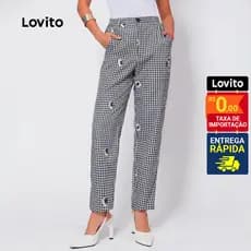 Lovito Calça Casual Feminina com Estampa Xadrez e Botões Bordados PTB527BRL557