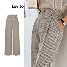 Lovito Calça Feminina com Pregas Frente Estampa Xadrez PTB70AD049