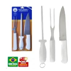 Kit Churrasco Aço Inox Metal com Cabo Plástico Faca 8 Garfo Amolador Branco