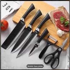 Kit 6 peças Facas Cozinha Descascador Tesoura Gourmet de Churrasco Antiaderente