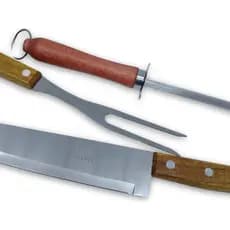 Kit Churrasco Carne Pratico 3 Peças Faca e Fiador Aço Inox Cabo Madeira  Praticidade