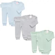 Kit 3 Conjuntos Bebê Body + Calça Canelado Conforto RN ao GG