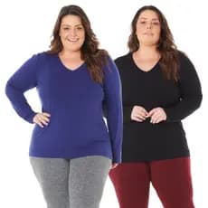 Kit com 2 Blusas Femininas Plus Size Gola V Manga Longa 1129-K2-DROP