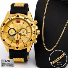 Kit Relógio Masculino Pulseira De Silicone + Corrente Minimalista Aço Presente