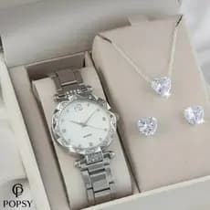 Relógio Feminino De Pulso + Kit Colar Pingente E Brincos Folheados 18k Semi Joias Acessórios Feminino