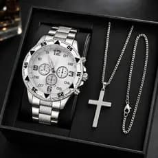 Kit Relógio Masculino Aço Inox Resistente a Água Com Corrente Cruz e Pulseira Presente Dia Dos Pais