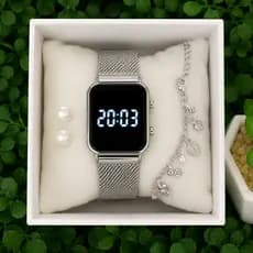Kit Relógio Feminino Digital Led Com Pulseira e Brinco