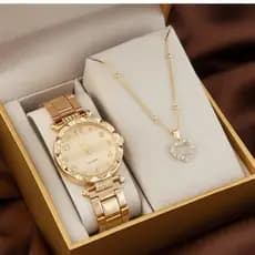Relógio Feminino Original + Corrente E Pingente Folheada A Ouro 18k Acessório Feminino Semi Jóia Premium Qualidade