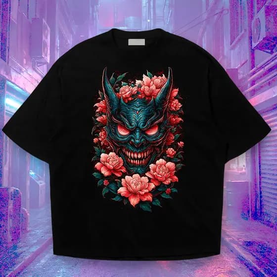 Camiseta Oversized Oni Japonês Floral Streetwear Casual Treino Anime Premium
