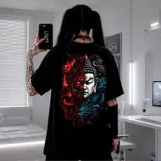 Camiseta Oversized Dualidade Mística Buda Oni Dragão (Streetwear, casual, treino, academia)