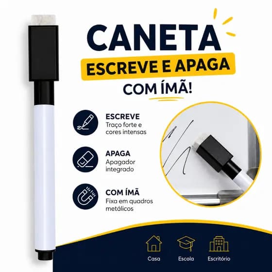 Caneta Preta Para Quadro Branco com Apagador Imã de Geladeira Lousa Mágica Magnética Planner Anotações Escreve e Apaga