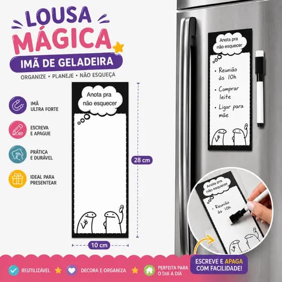 Imã de Geladeira Lousa Magnética Magica de Anotações + Caneta Quadro Branco com Apagador e Imã Papelaria