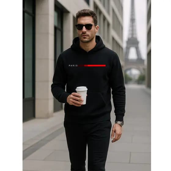 Blusa De Frio Paris Linha Estampada Moletom Unissex Canguru Com Capuz Manga Longa Malha Algodão Inverno 2025