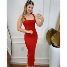 Vestido Feminino Longo Liso Detalhes em Nervuras e Alça com Fenda Modal Tricô Modal