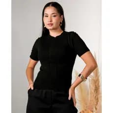 Blusa Feminina Tricot Gola Rendonda Básica Camiseta Manga Curta Tricô Moda Verão