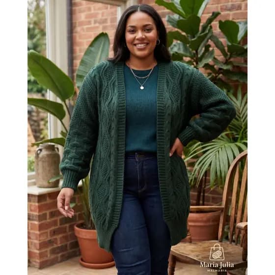 Cardigã Feminino Tricot Casaco Manga Longa Aberto Detalhe em Textura Tricô Moda Inverno