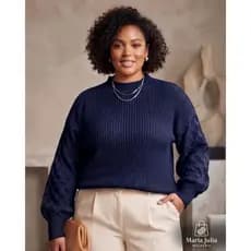 Blusa De Frio Feminina Tricot Plus Size Gola Redonda Manga Longa Detalhe Trança Tricô Moda Inverno