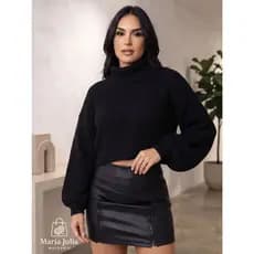 Blusa Cropeed Feminino Tricot Manga Longa Elegante Gola Alta Canelado Tricô Moda Inverno