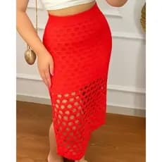 Saia Feminina Fio Modal Rendada Fenda na Lateral Cós com Elástico Forrada Mídi Verão Tricot