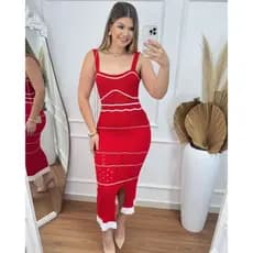 Vestido Feminino Mídi Tricô Rendado Listrado Com Forro Moda Verão Tricot Fio Modal Verão