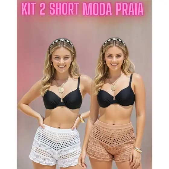 Kit 2 Short Saída de Praia Feminino com Elástico Cós Rendado Tricot Crochê Tendencia Verão