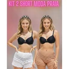 Kit 2 Short Saída de Praia Feminino com Elástico Cós Rendado Tricot Crochê Tendencia Verão