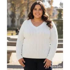 Blusa Feminina Tricot Plus Size Manga Longa Detalhe em Trança Tricô Moda Inverno