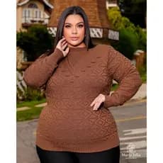 Blusa Frio Feminina Plus Size Tricot Gola Redonda Alta Simples Detalhe Geométrico Tricô Moda Inverno