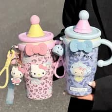 Copo Térmico Cute KT Cat de 600ml, Novo Copo de Café com Estampa de Leopardo de Alto Estilo, Copo de Mesa para Escritóri