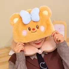 Almofada em Forma de U com Capuz Panda, Almofada de Soneca com Capuz Butter Bear, Almofada de Pescoço com Capuz para Via