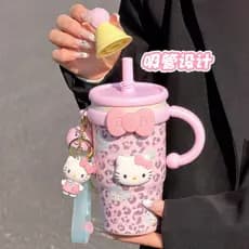 Copo de café com estampa de leopardo altamente estiloso, copo isolado KT cat, copo feminino para escritório com alça e c