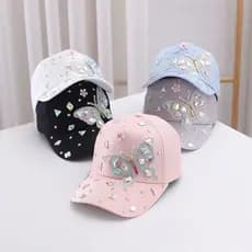 Boné de Beisebol com Borboleta de Strass, Boné Elegante com Lantejoulas, Boné Respirável com Aba Curva, Novo Modelo de P