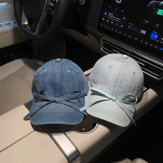 Chapéu de Sol Respirável Feminino, Boné de Beisebol Fashion com Laço e Alça, Boné de Bico de Pato em Denim
