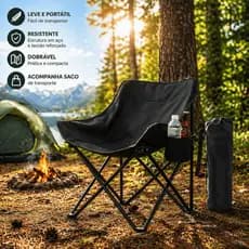 Cadeira Dobrável Pesca Praia Acampamento + Bolsa de Transporte Resistente 150kg Preto Premium